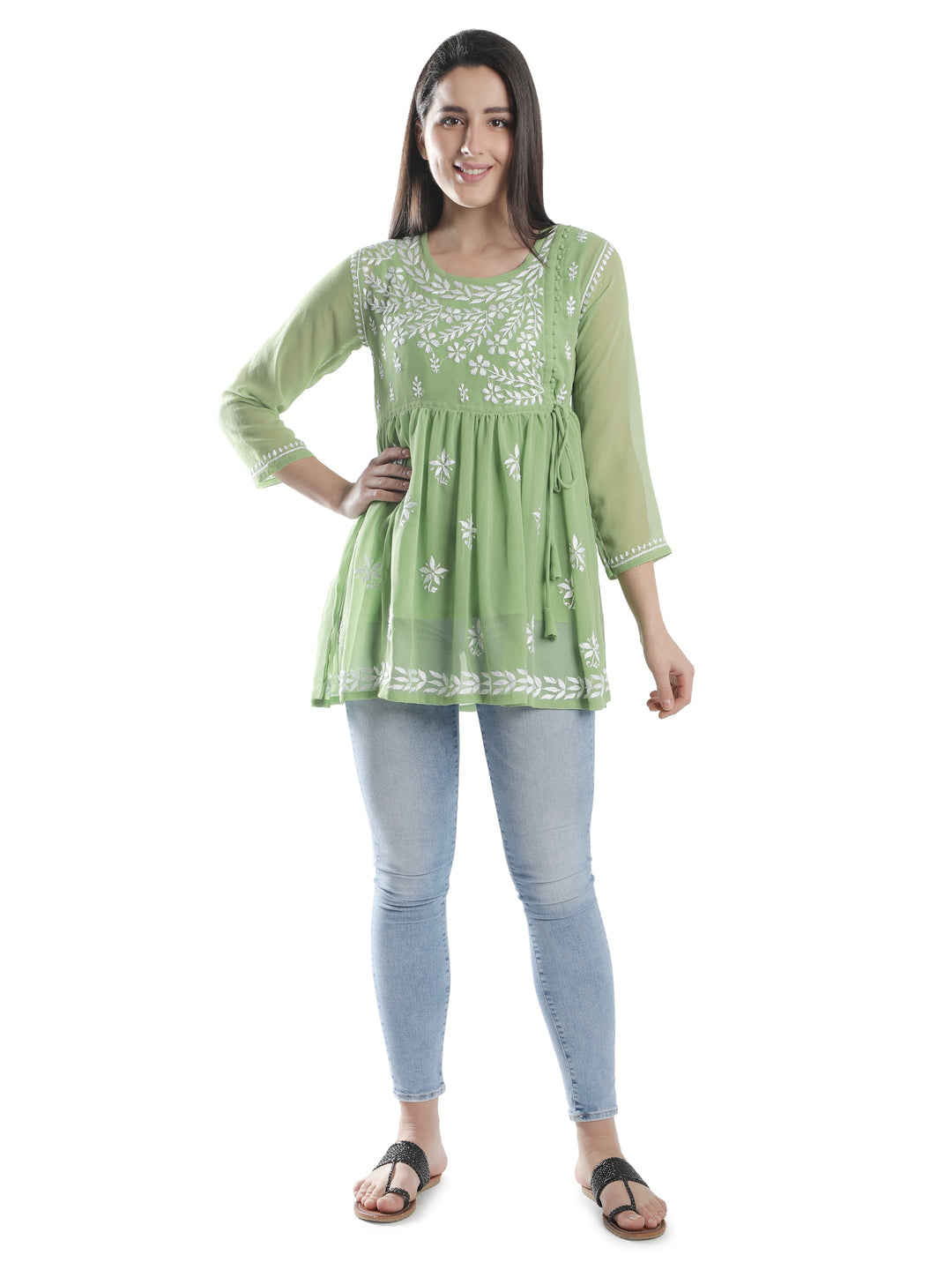 Green Georgette Angarkha Chikankari Tunic Top With Slip