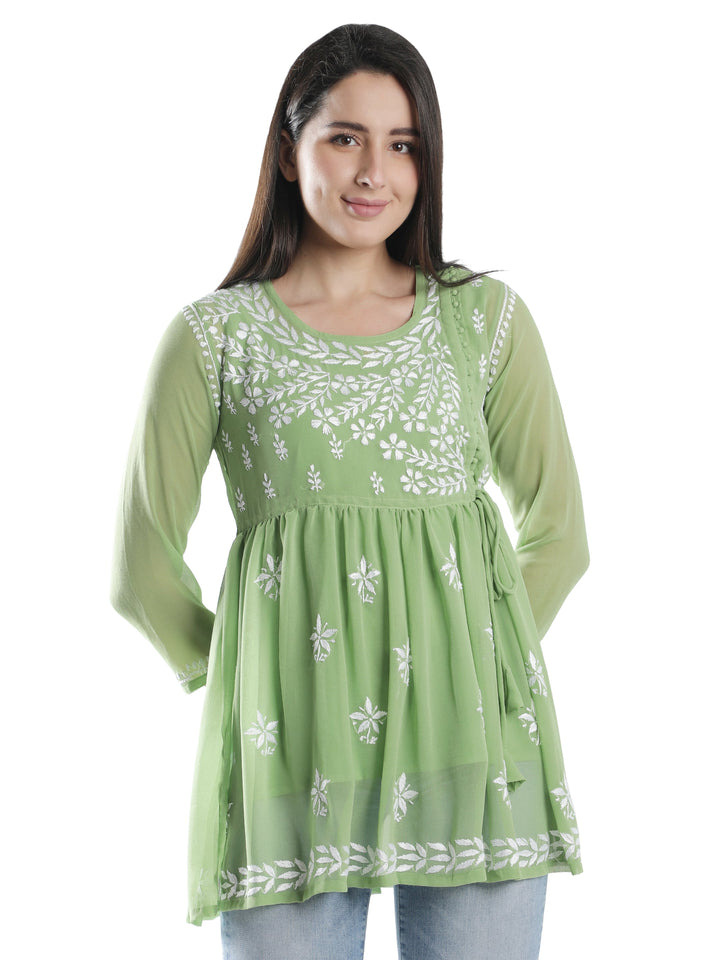 Green Georgette Angarkha Chikankari Tunic Top With Slip