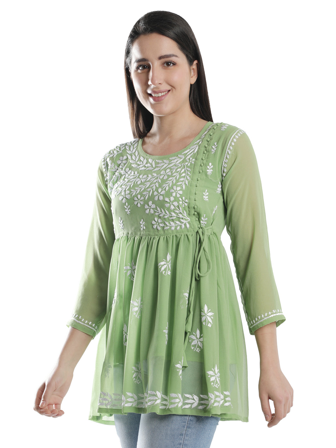 Green Georgette Angarkha Chikankari Tunic Top With Slip