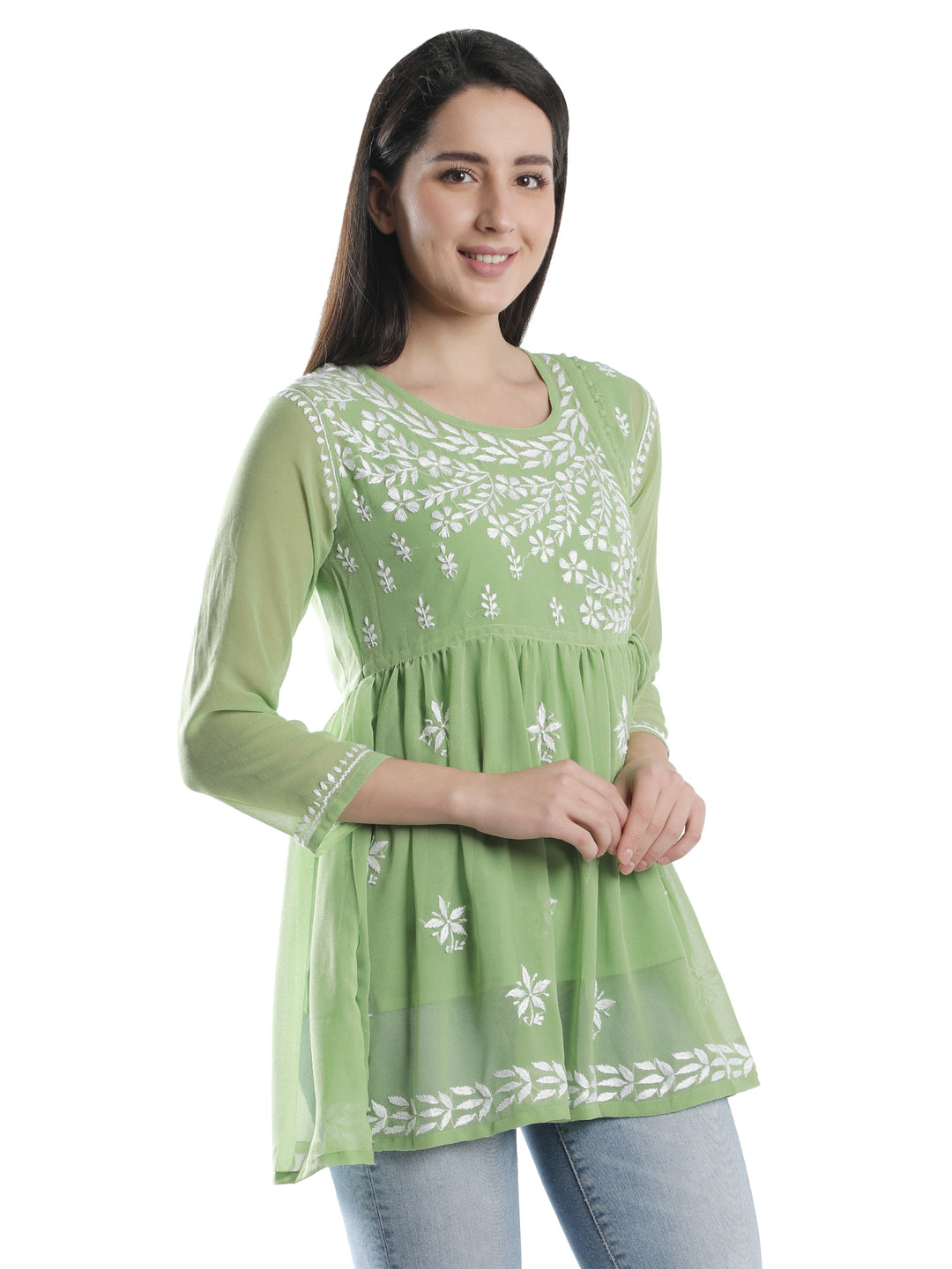 Green Georgette Angarkha Chikankari Tunic Top With Slip