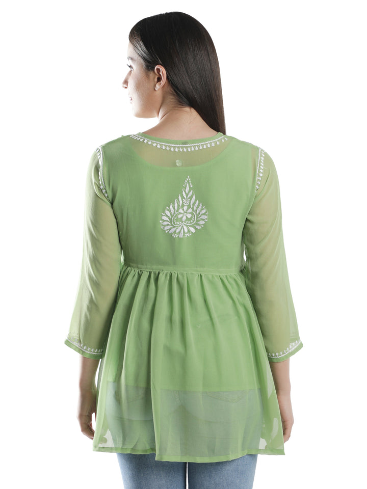 Green Georgette Angarkha Chikankari Tunic Top With Slip