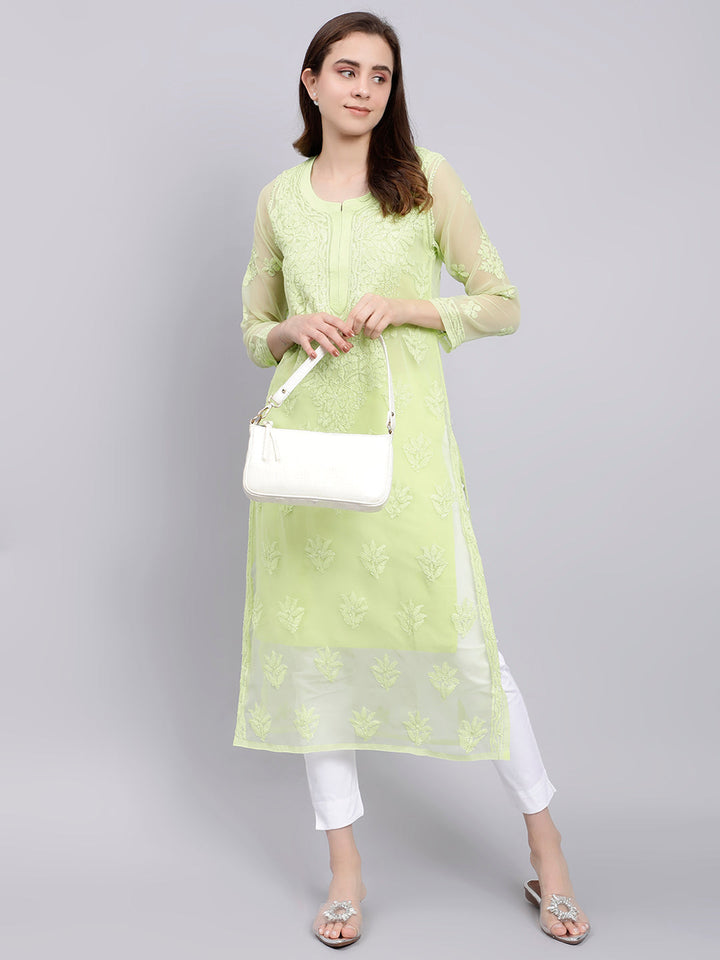 Tea Green Georgette Chikankari Kurti with Slip