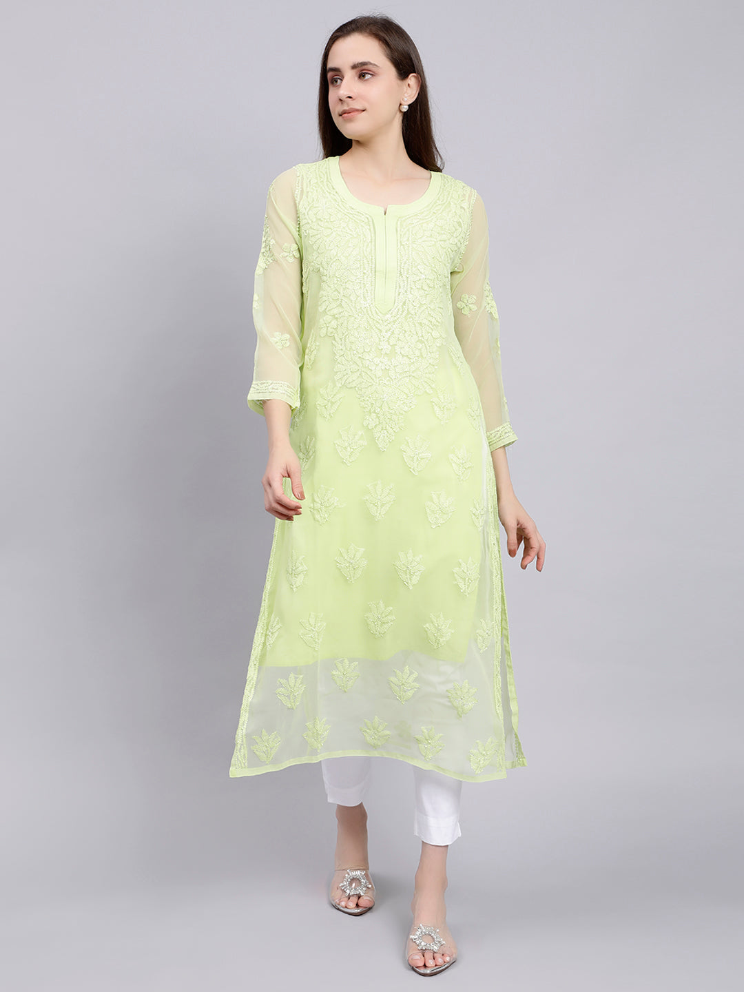 Tea Green Georgette Chikankari Kurti with Slip