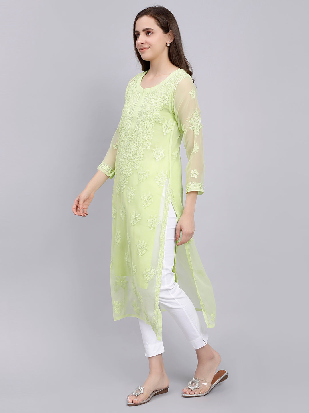 Tea Green Georgette Chikankari Kurti with Slip