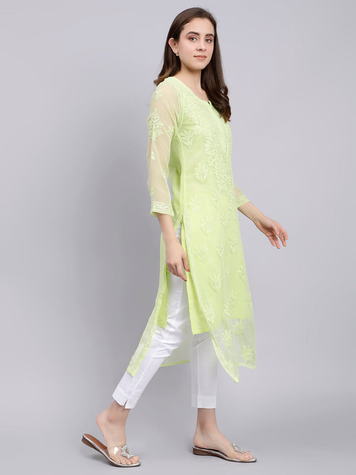 Tea Green Georgette Chikankari Kurti with Slip