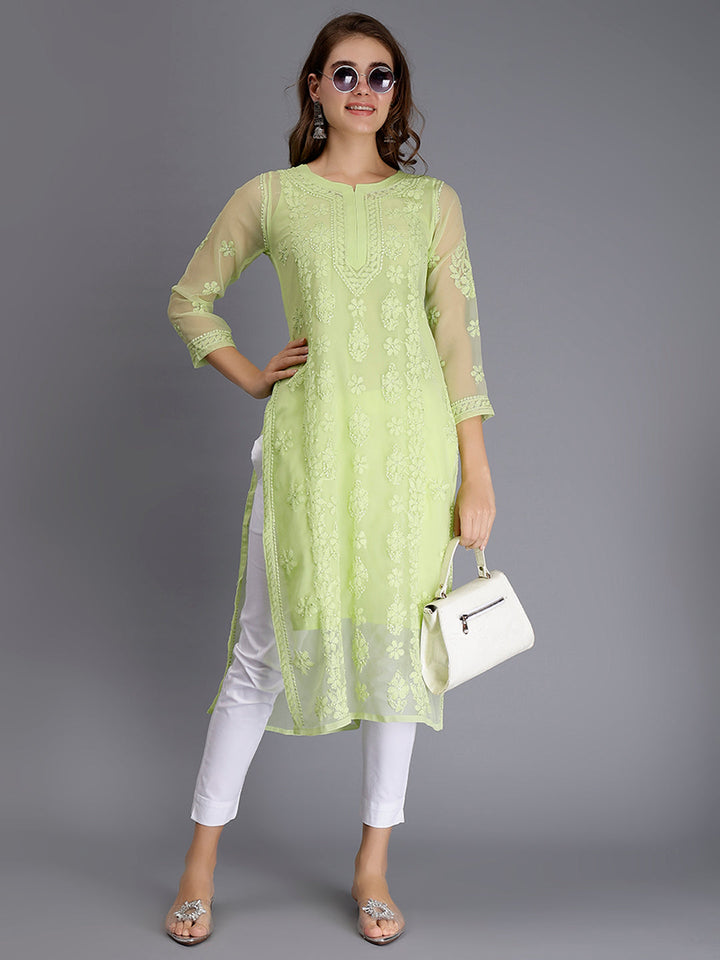 Tea Green Georgette Handwoven Chikankari Kurti with Slip