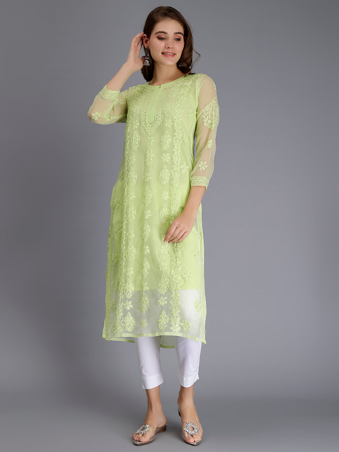 Tea Green Georgette Handwoven Chikankari Kurti with Slip