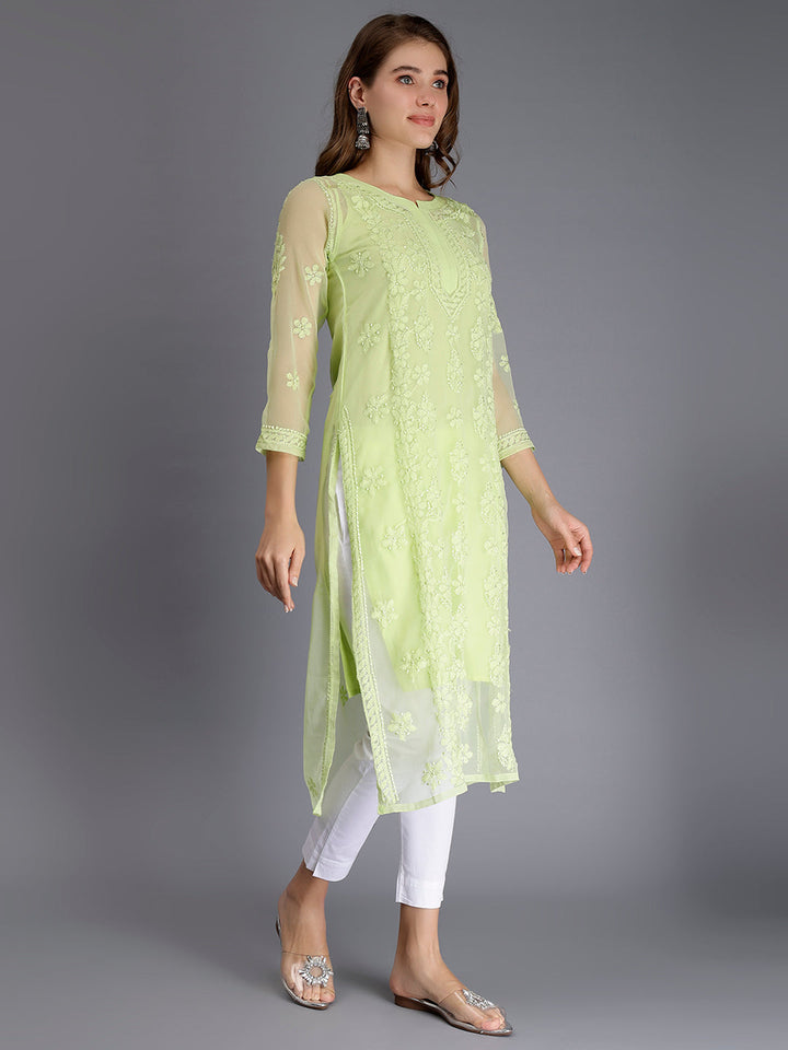 Tea Green Georgette Handwoven Chikankari Kurti with Slip