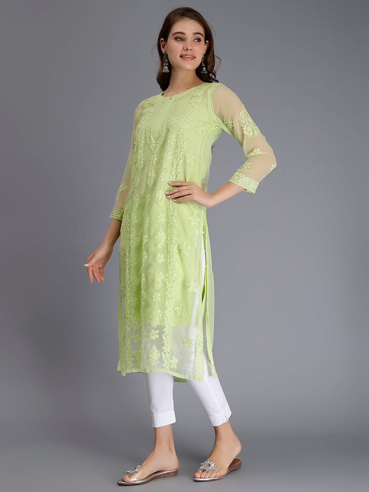 Tea Green Georgette Handwoven Chikankari Kurti with Slip