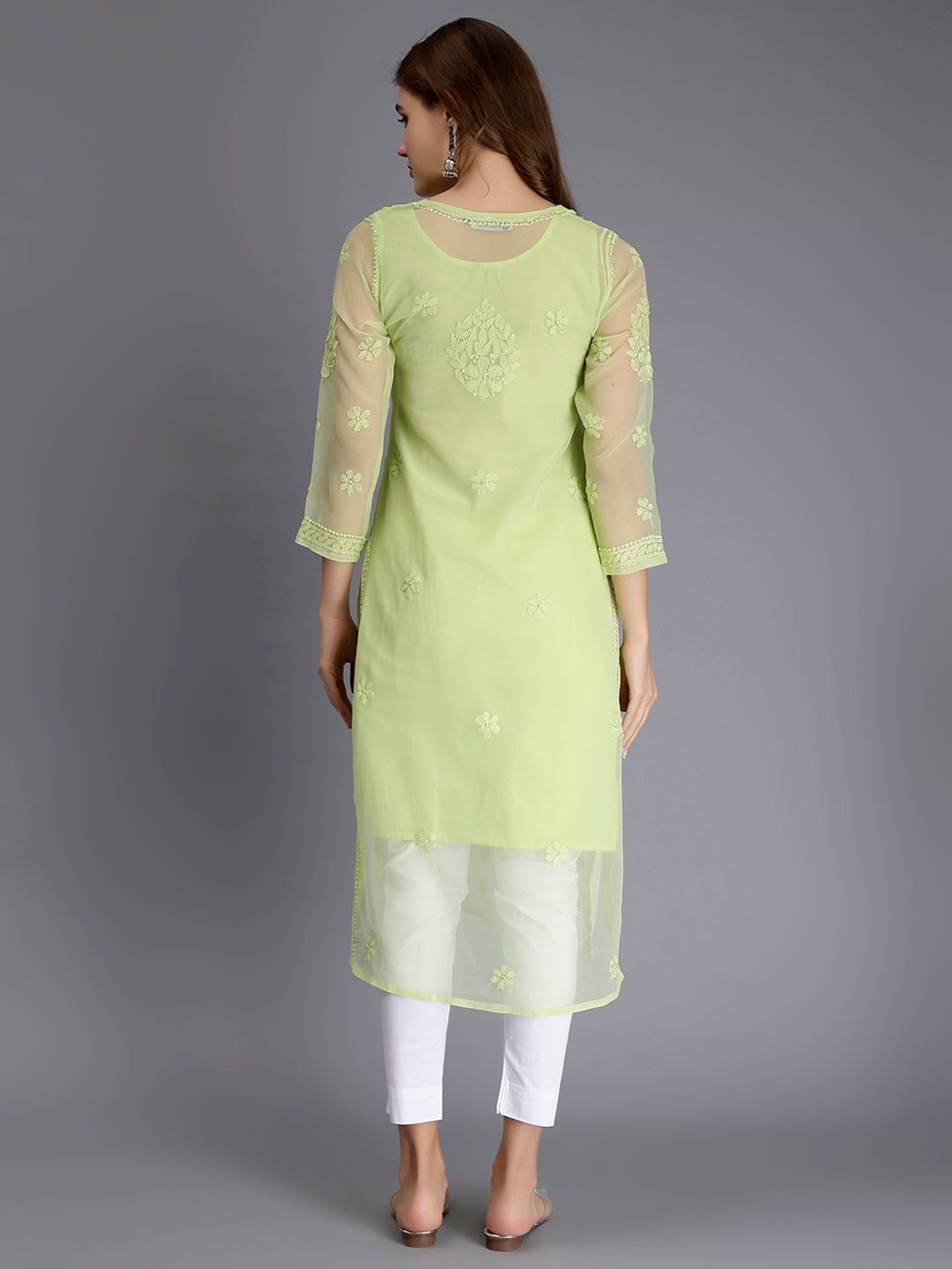 Tea Green Georgette Handwoven Chikankari Kurti with Slip