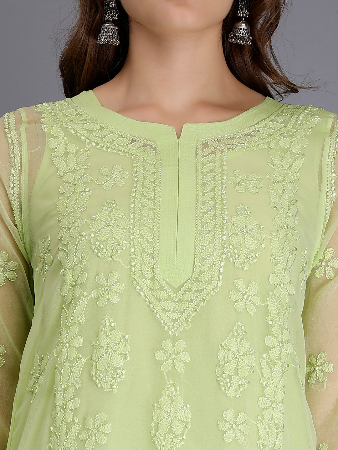 Tea Green Georgette Handwoven Chikankari Kurti with Slip