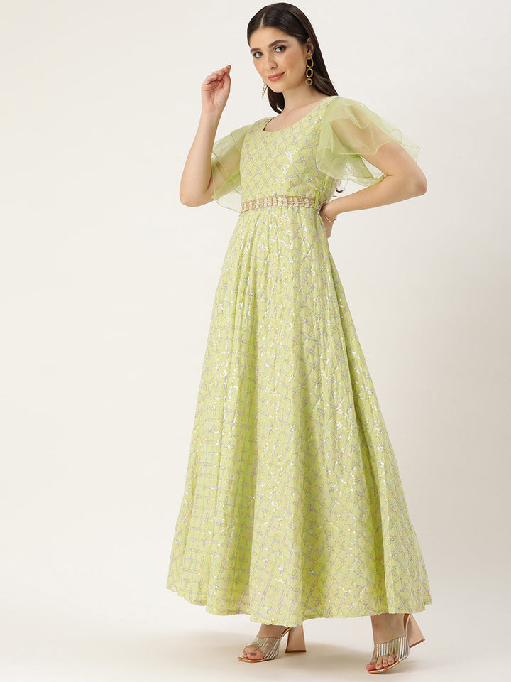 Tea Green Sequined Gown with Large Flirty Sleeves