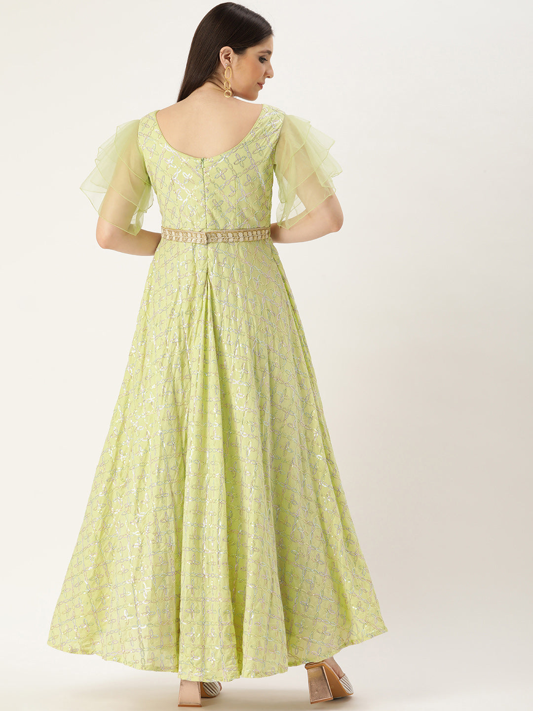 Tea Green Sequined Gown with Large Flirty Sleeves