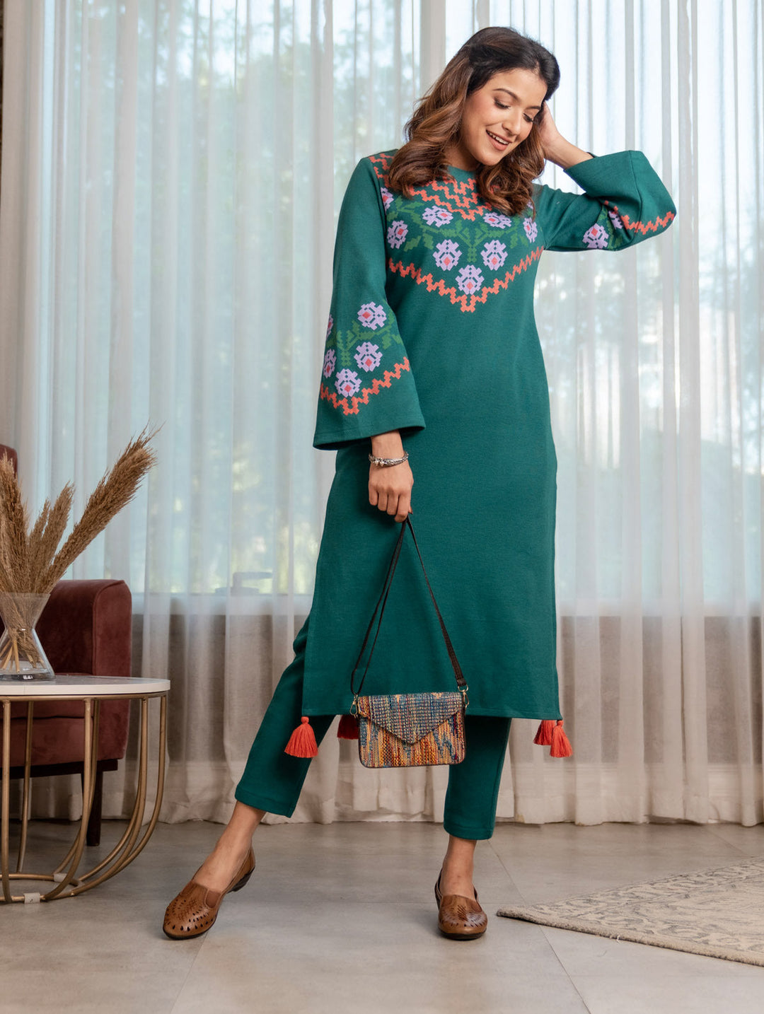 Teal-Acrylic-Floral-Kurta-With-Flared-Sleeves