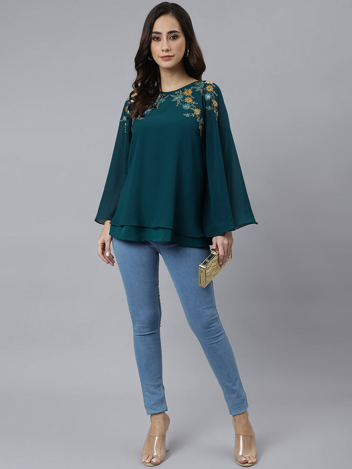 Teal Blue Georgette Embroidered Ethnic Top