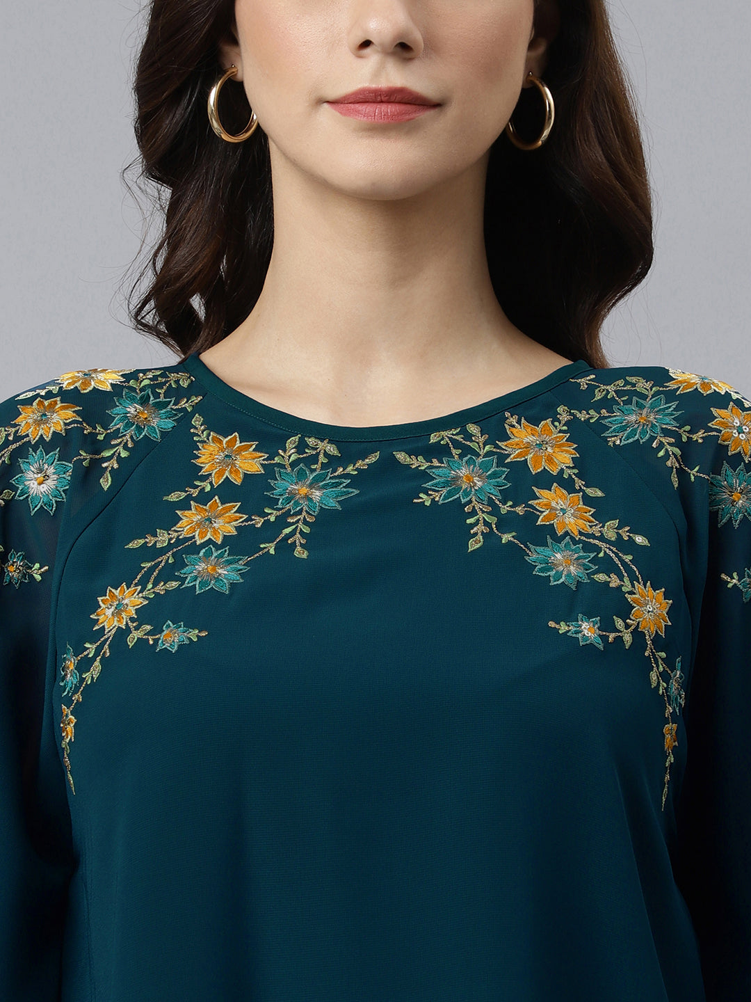 Teal Blue Georgette Embroidered Ethnic Top