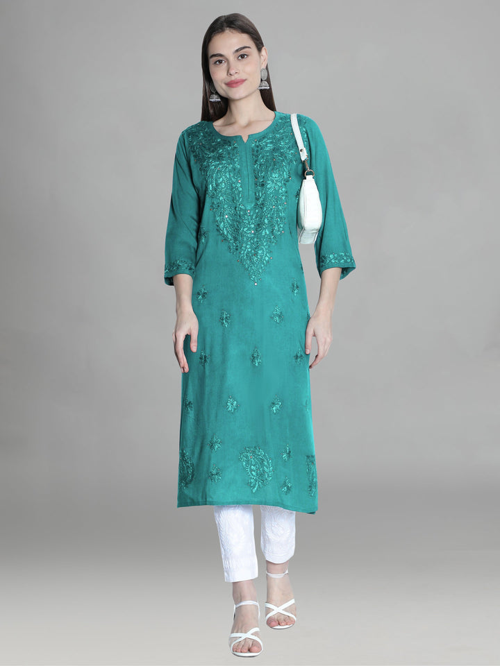 Teal-Cotton-Chikankari-Muqaish-Straight-Kurta