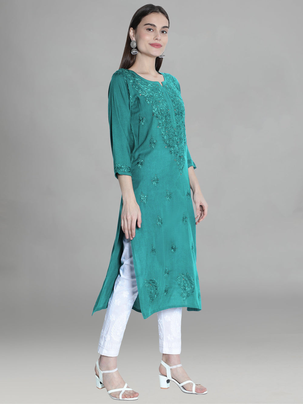 Teal-Cotton-Chikankari-Muqaish-Straight-Kurta