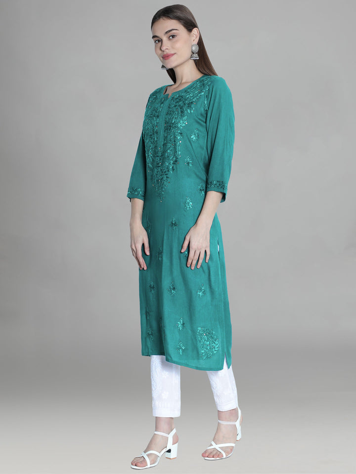 Teal-Cotton-Chikankari-Muqaish-Straight-Kurta