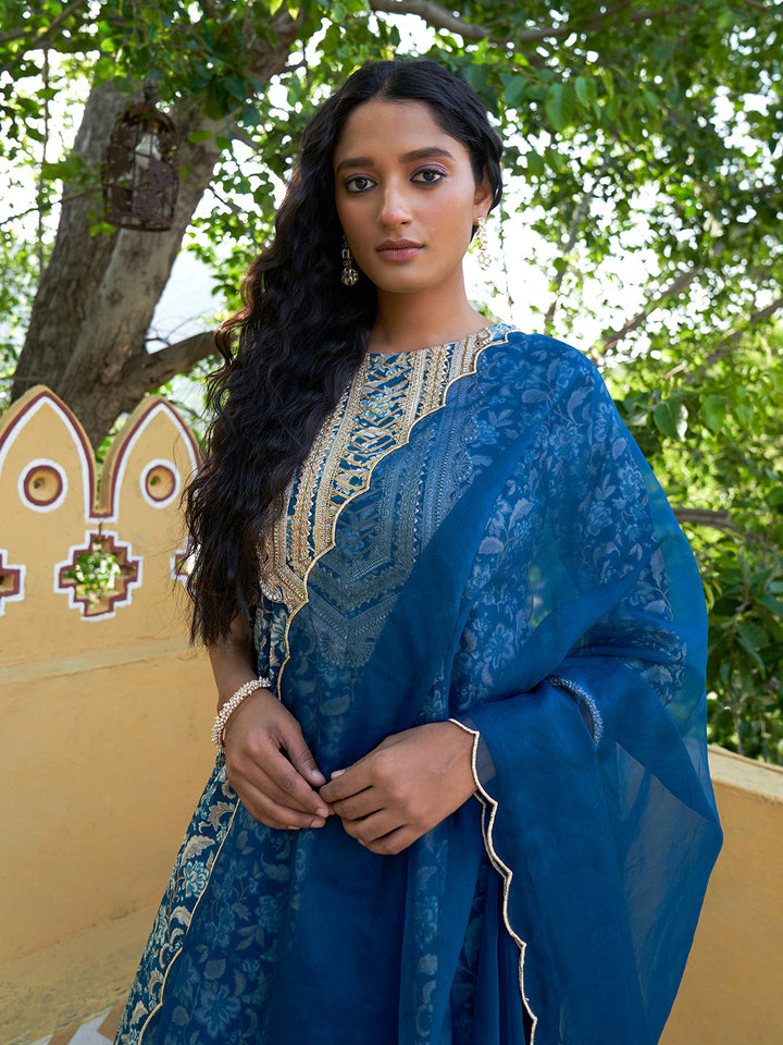 ZERESOUQ-Teal-Blue-Cotton-Floral-Printed-Festive-Kurta-Suit-Set