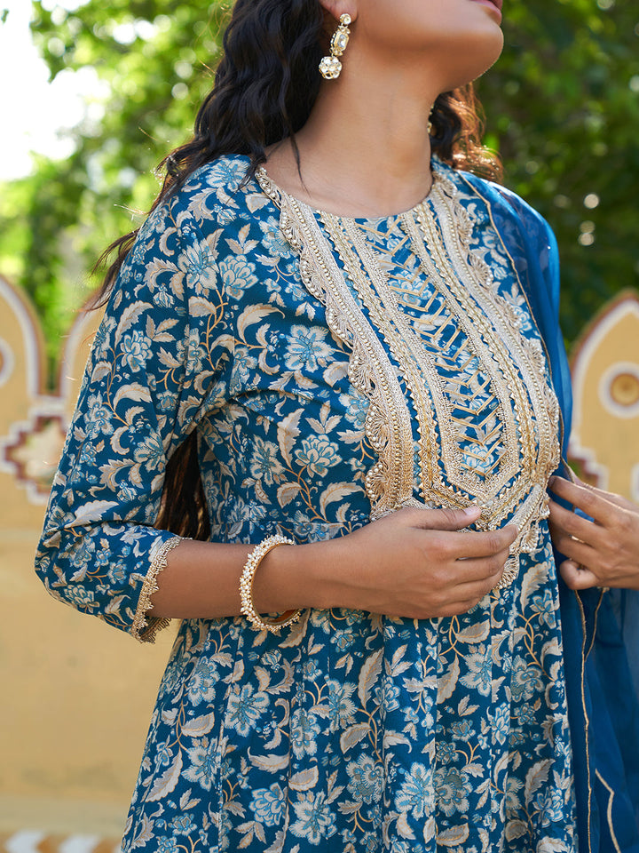 ZERESOUQ-Teal-Blue-Cotton-Floral-Printed-Festive-Kurta-Suit-Set