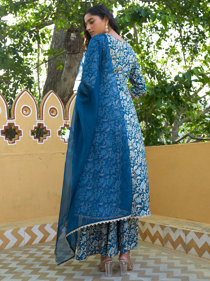 Teal Blue Cotton Floral Printed Festive Kurta Suit Set