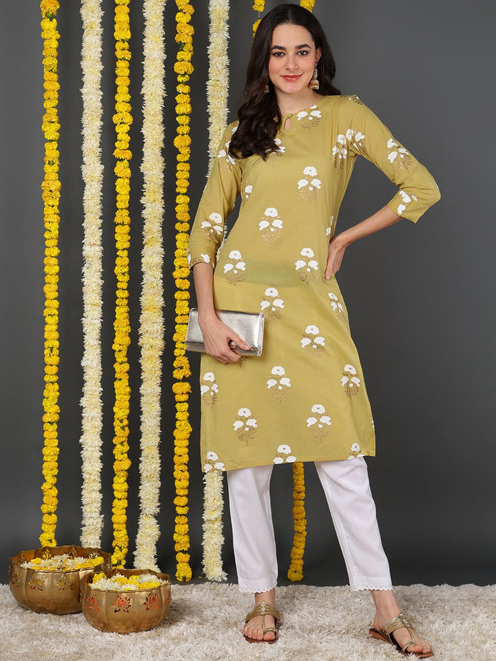 Teal Cotton Floral Printed Straight Kurta