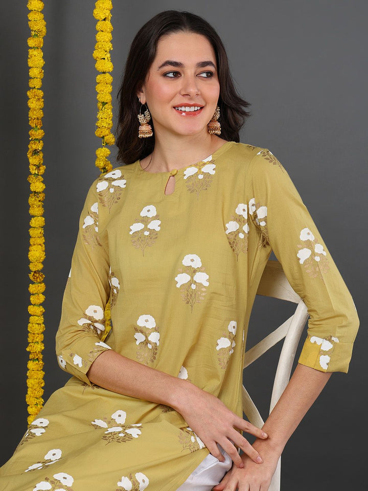 Teal Cotton Floral Printed Straight Kurta