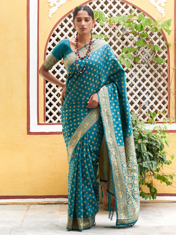 Teal Green Ethnic Motifs Woven Design Banarasi Silk Festive Saree