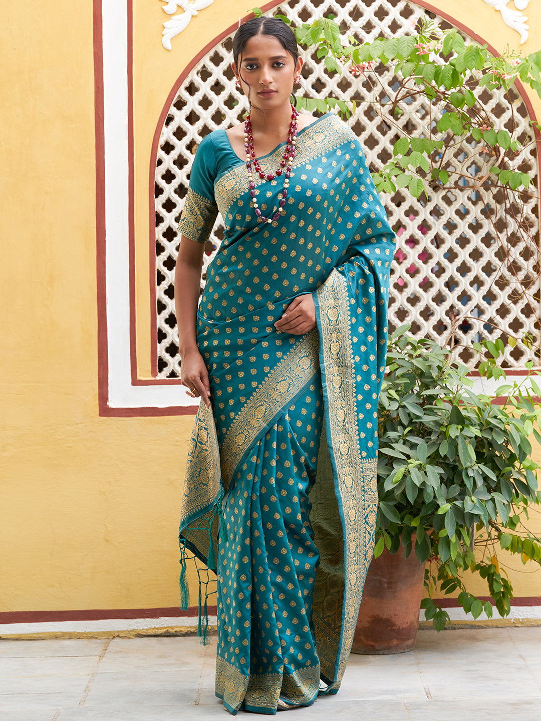 Teal Green Ethnic Motifs Woven Design Banarasi Silk Festive Saree