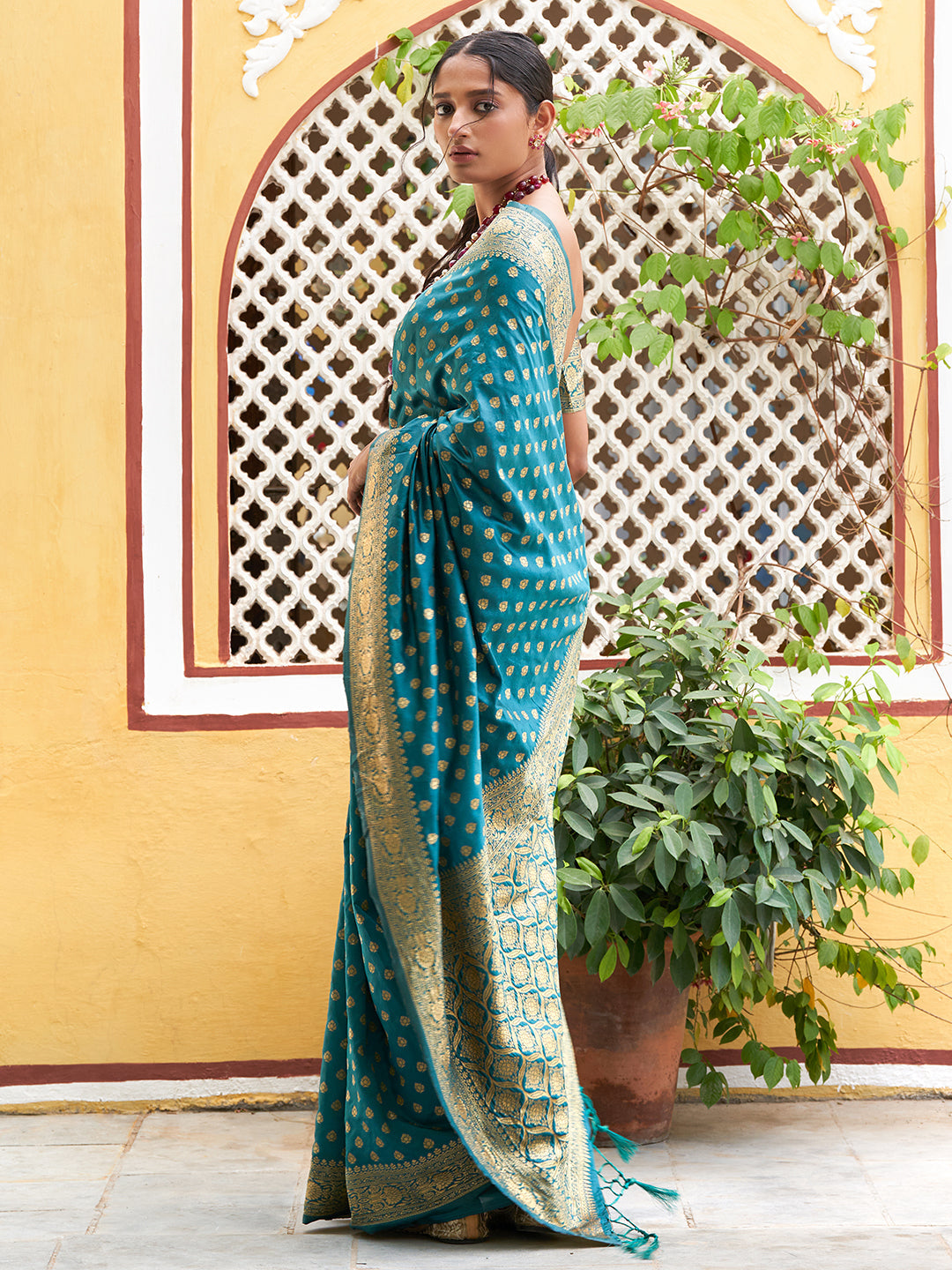 Teal Green Ethnic Motifs Woven Design Banarasi Silk Festive Saree