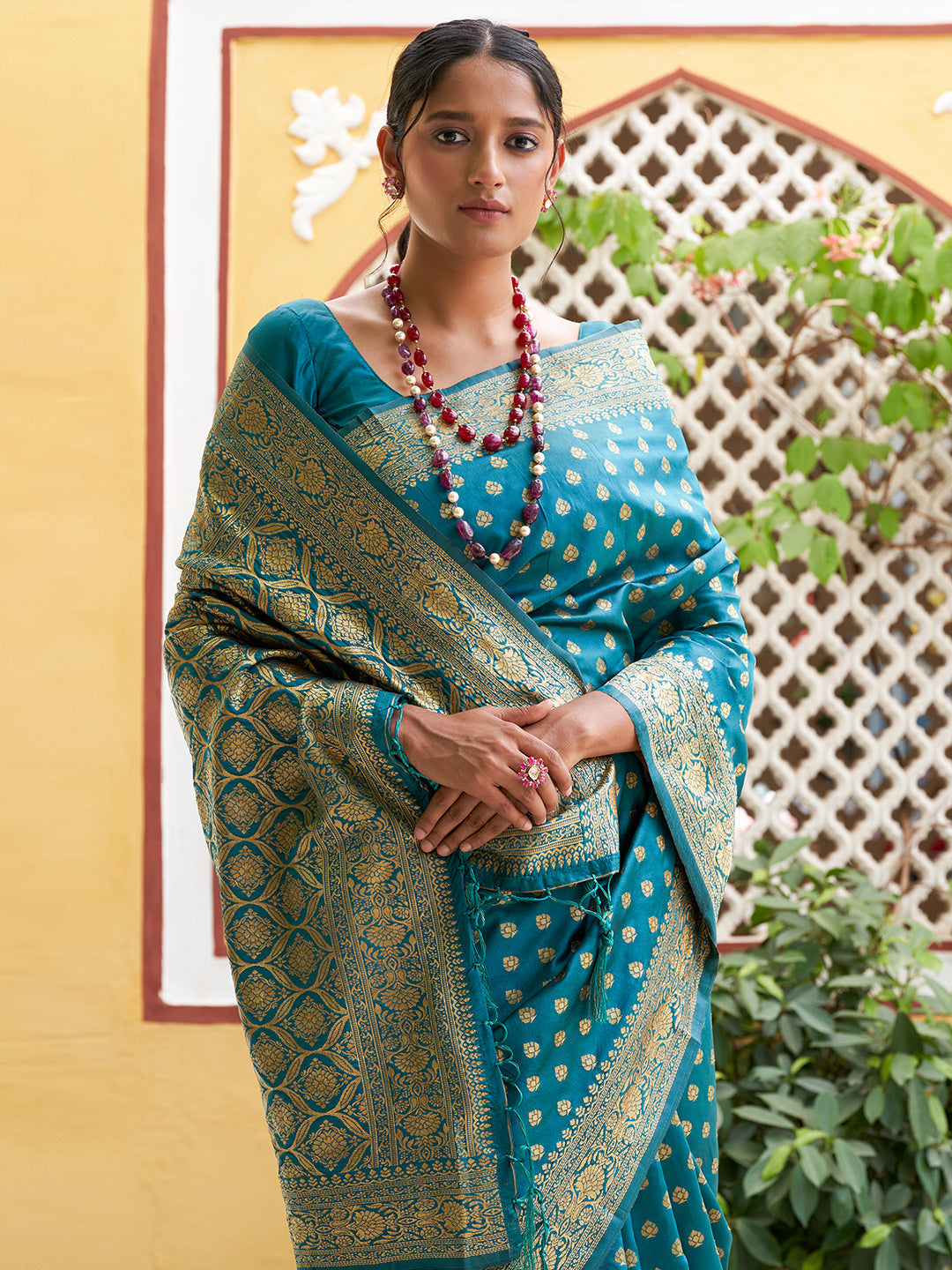 Teal Green Ethnic Motifs Woven Design Banarasi Silk Festive Saree