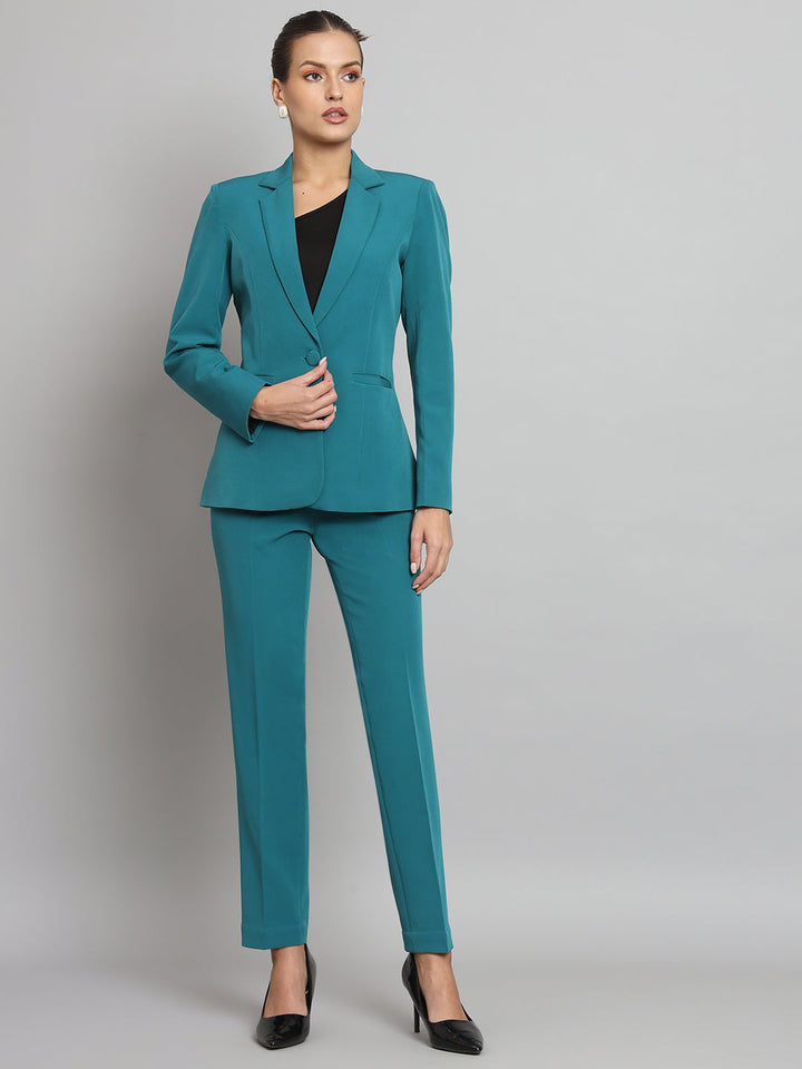 Teal Green Notch Collar Stretch Pant Suit