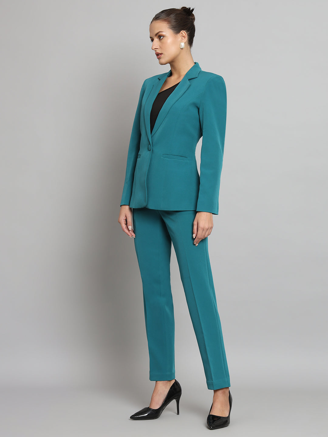 Teal Green Notch Collar Stretch Pant Suit