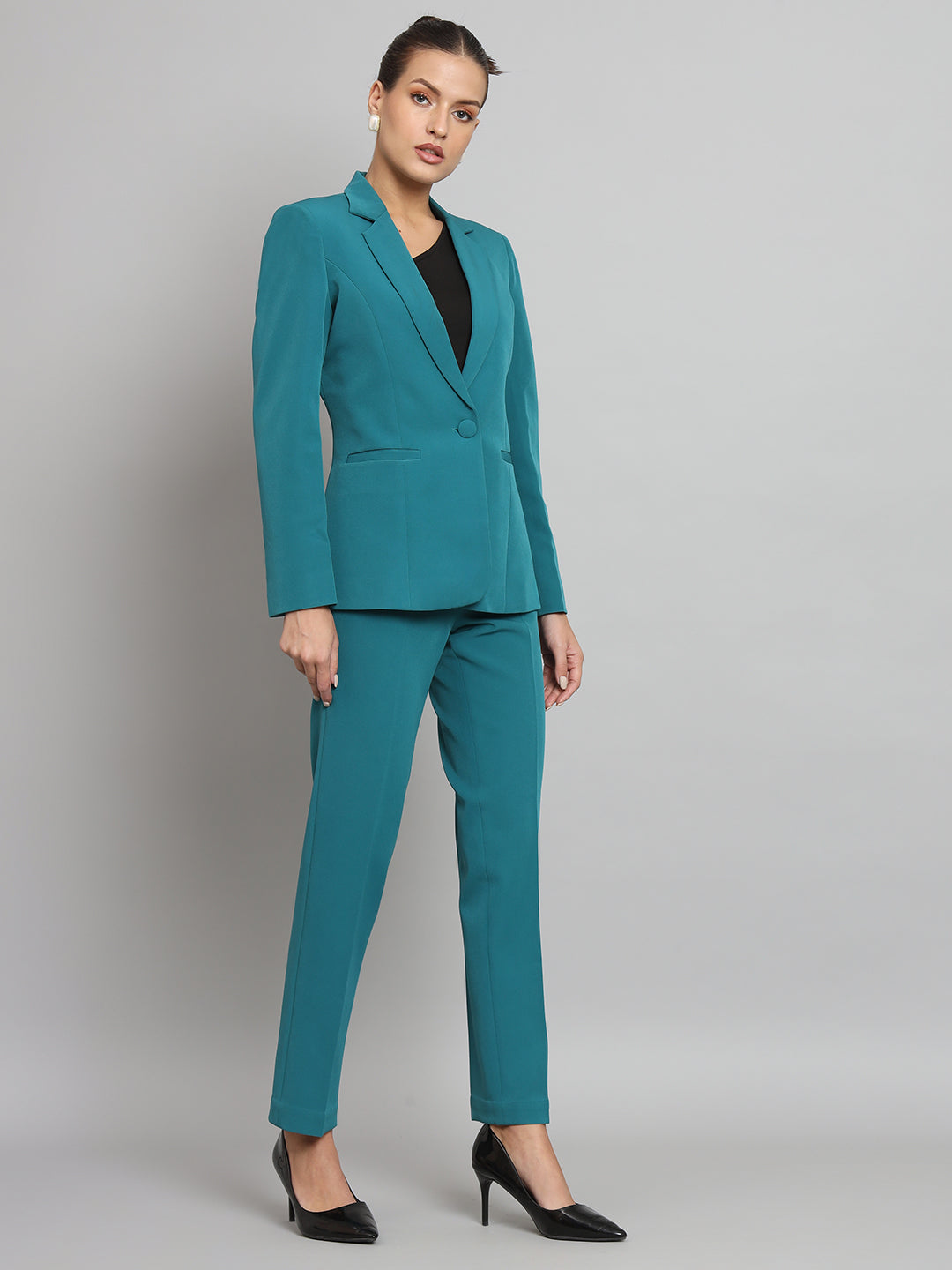 Teal Green Notch Collar Stretch Pant Suit