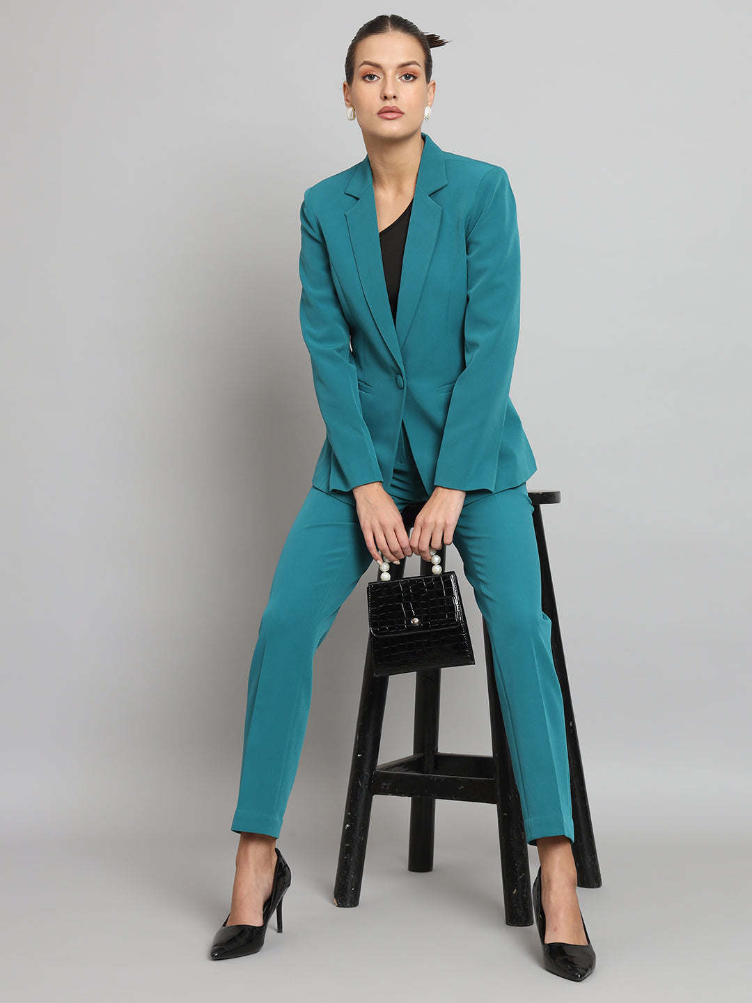 Teal Green Notch Collar Stretch Pant Suit