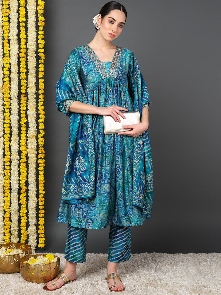 ZERESOUQ-Teal-Polyester-Ethnic-Motifs-Printed-Flared-Kurta-Trouser-With-Dupatta