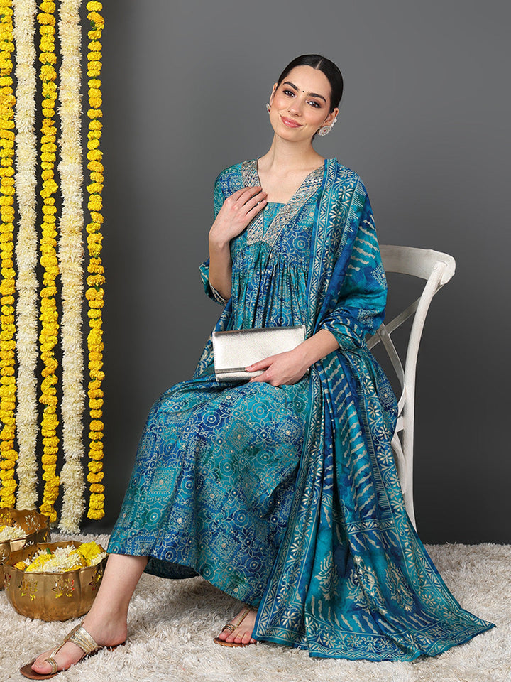 ZERESOUQ-Teal-Polyester-Ethnic-Motifs-Printed-Flared-Kurta-Trouser-With-Dupatta