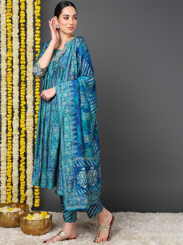 ZERESOUQ-Teal-Polyester-Ethnic-Motifs-Printed-Flared-Kurta-Trouser-With-Dupatta