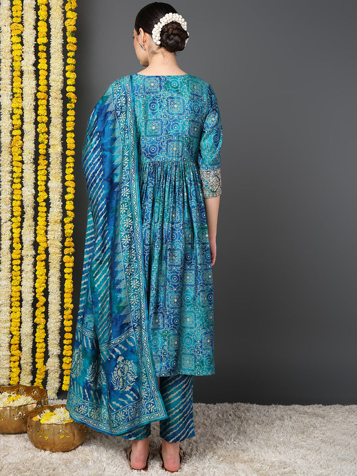 ZERESOUQ-Teal-Polyester-Ethnic-Motifs-Printed-Flared-Kurta-Trouser-With-Dupatta