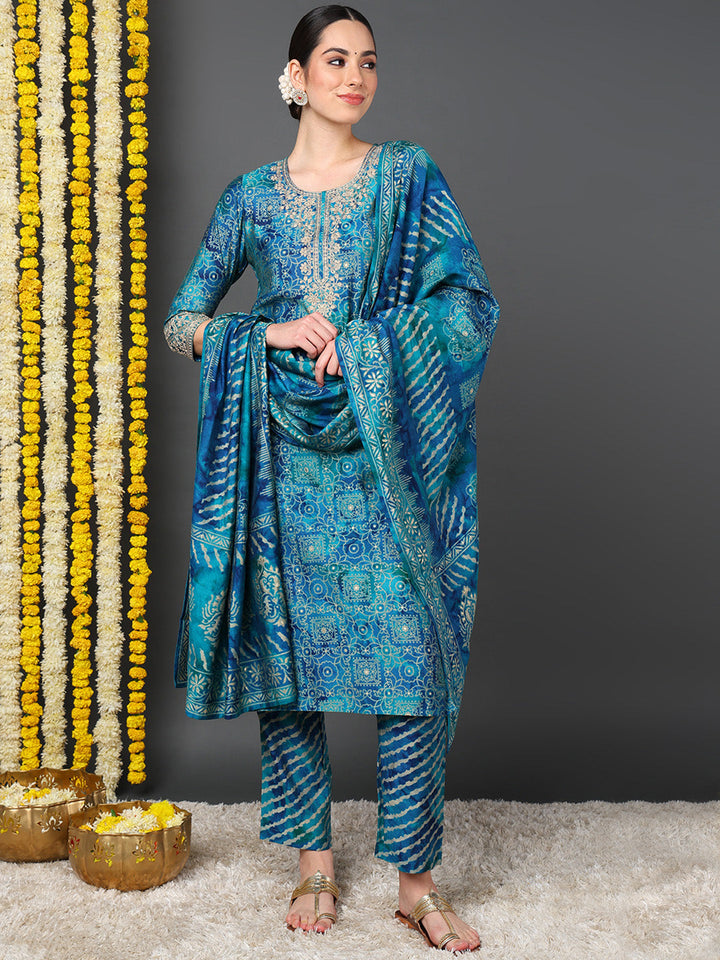 Teal Polyester Ethnic Motifs Printed Straight Kurta Trouser With Dupatta