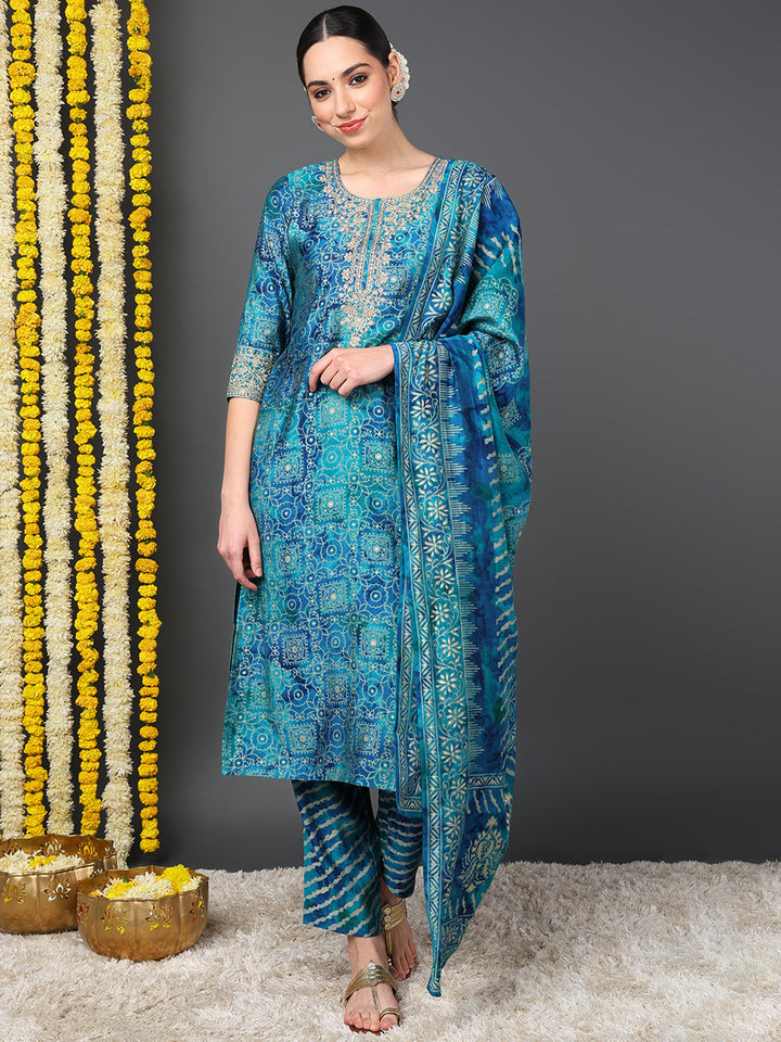 ZERESOUQ-Teal-Polyester-Ethnic-Motifs-Printed-Straight-Kurta-Trouser-With-Dupatta