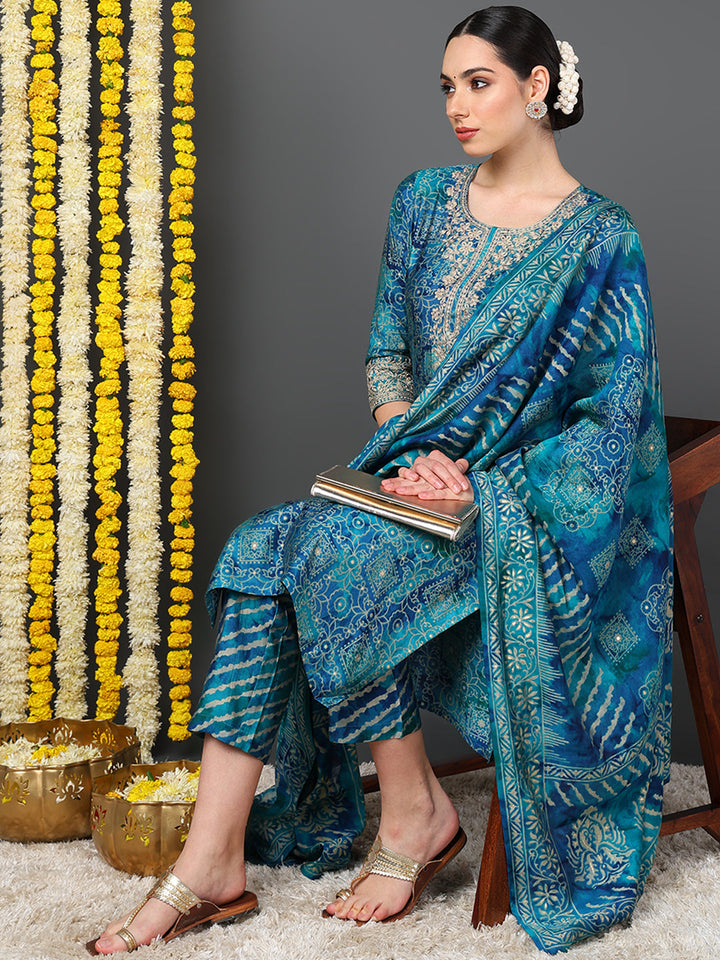 Teal Polyester Ethnic Motifs Printed Straight Kurta Trouser With Dupatta