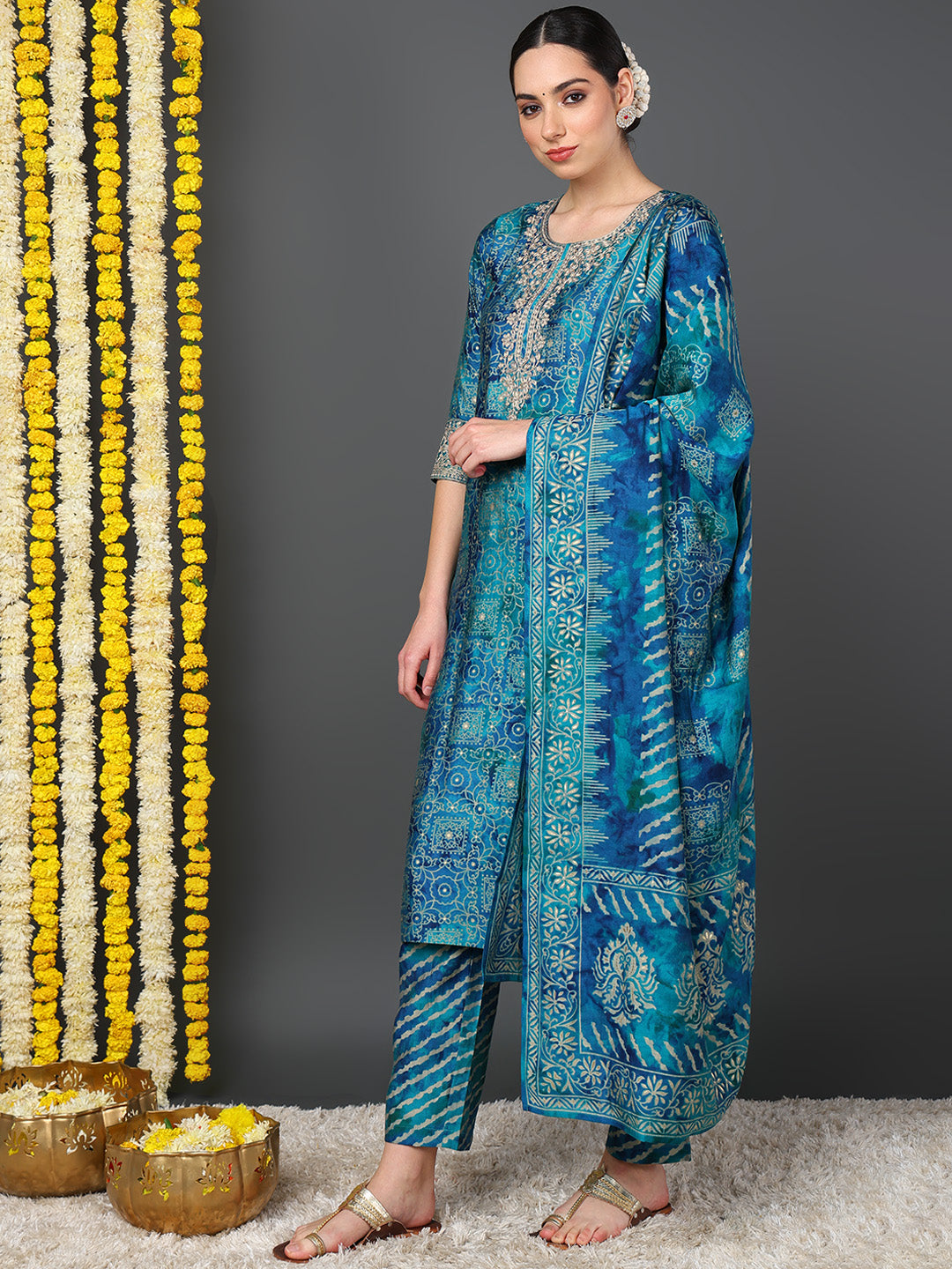 Teal Polyester Ethnic Motifs Printed Straight Kurta Trouser With Dupatta