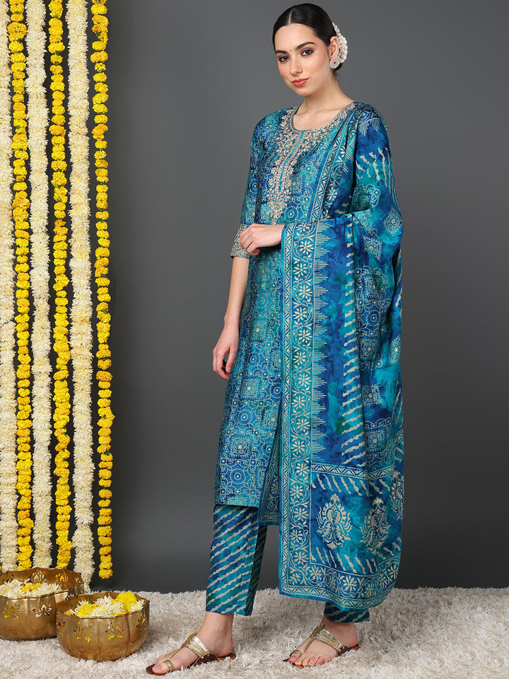 Teal Polyester Ethnic Motifs Printed Straight Kurta Trouser With Dupatta