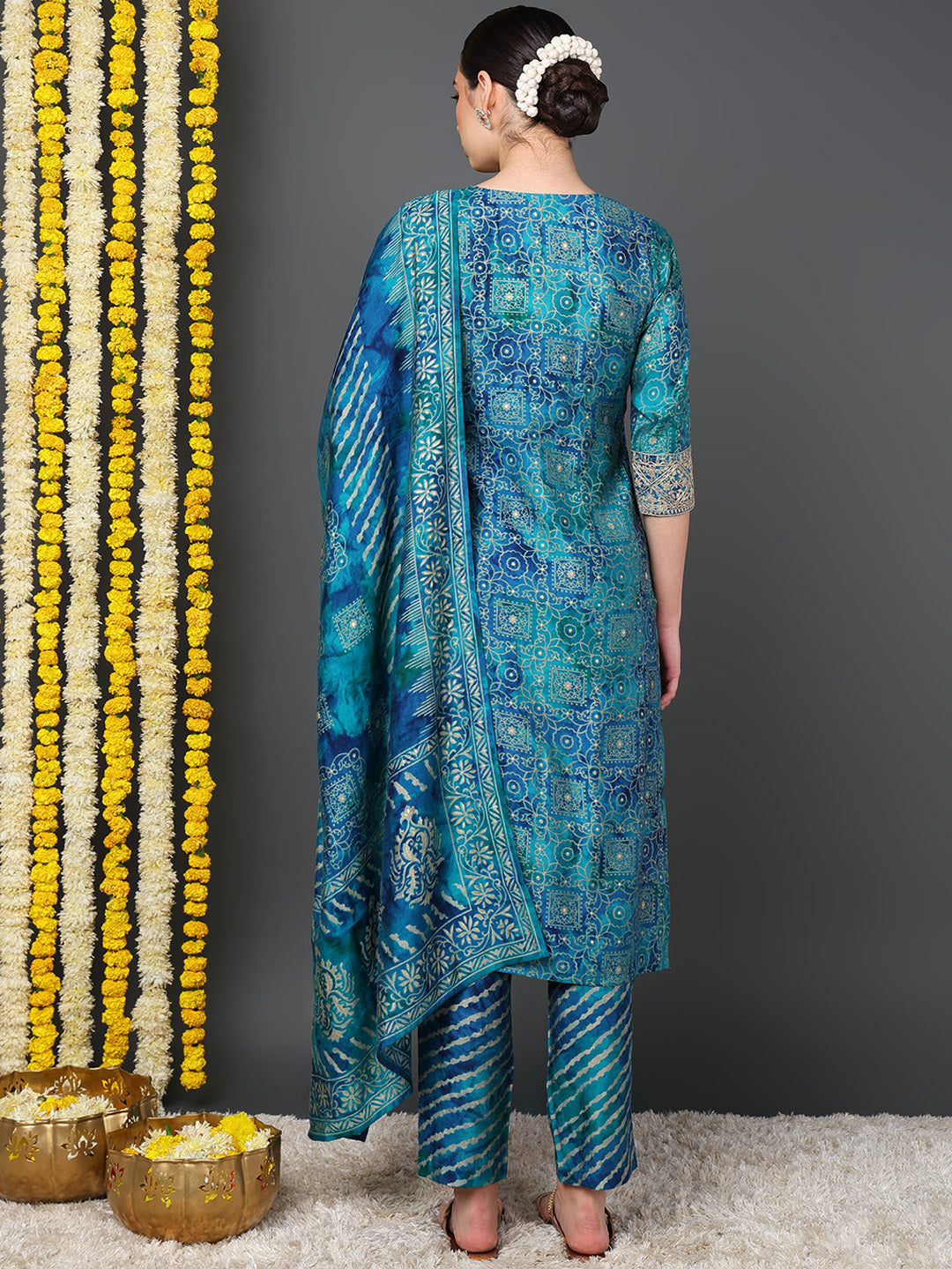 Teal Polyester Ethnic Motifs Printed Straight Kurta Trouser With Dupatta