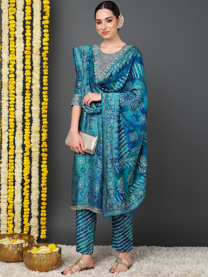 ZERESOUQ-Teal-Polyester-Ethnic-Motifs-Printed-Straight-Kurta-Trouser-With-Dupatta