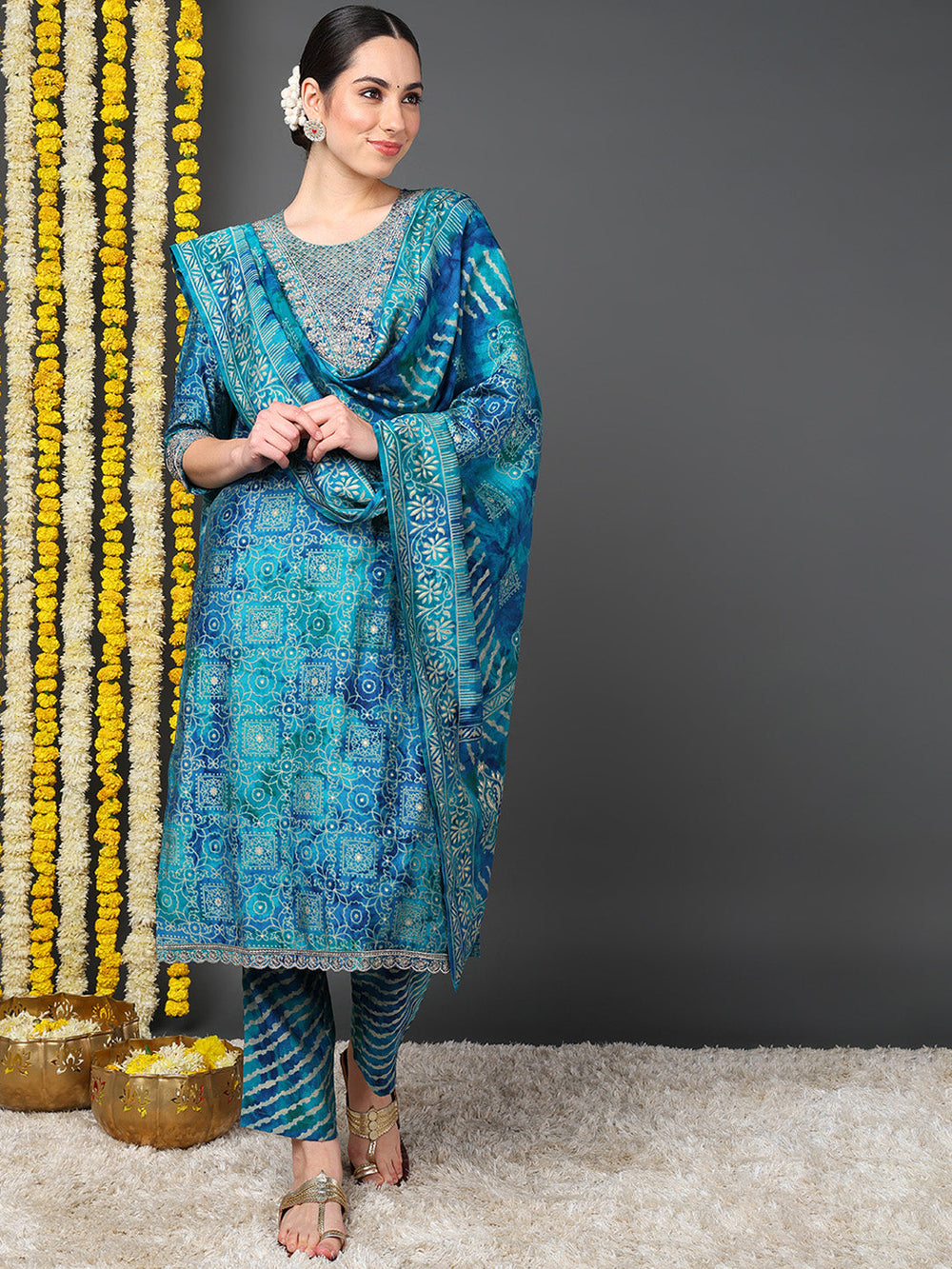 ZERESOUQ-Teal-Polyester-Ethnic-Motifs-Printed-Straight-Kurta-Trouser-With-Dupatta