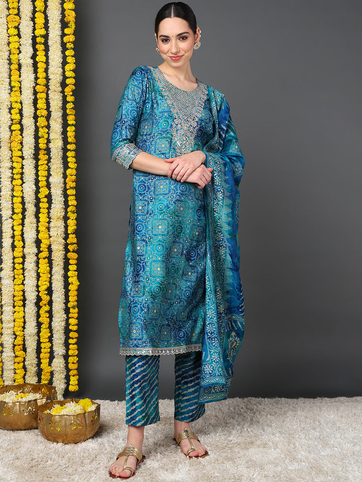 ZERESOUQ-Teal-Polyester-Ethnic-Motifs-Printed-Straight-Kurta-Trouser-With-Dupatta