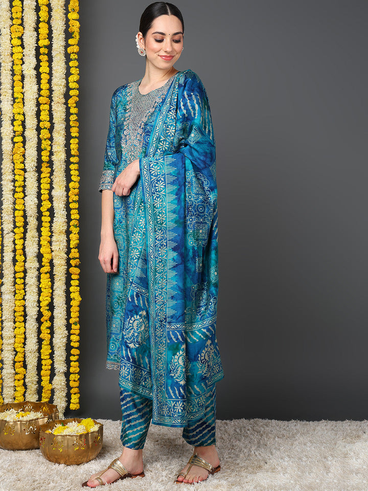 ZERESOUQ-Teal-Polyester-Ethnic-Motifs-Printed-Straight-Kurta-Trouser-With-Dupatta